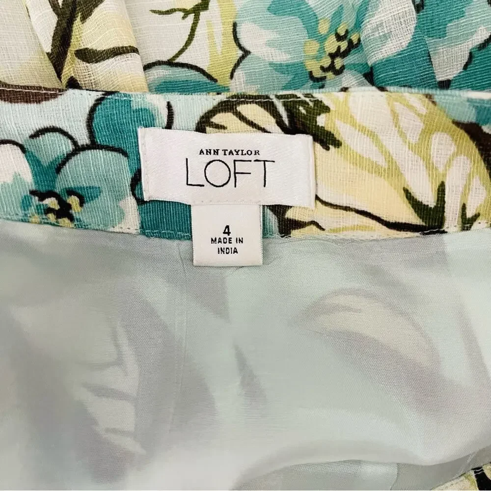 Loft blue brown floral linen silk pleated preppy office midi skirt 4